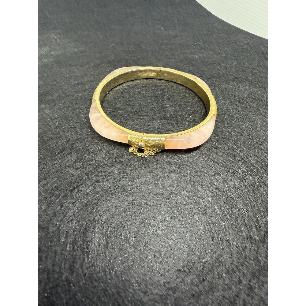 Vintage Chinese Pink Peking Art Glass Hinged Bangle Bracelet Gold Plated